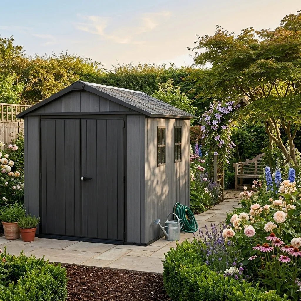 Newton 11’x7.5’ Plus Side Entry Plastic Shed Graphite - Image 2