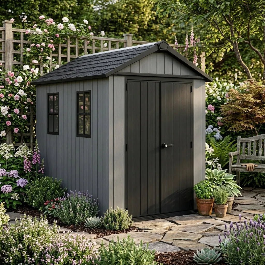 Newton 11’x7.5’ Plus Side Entry Plastic Shed Graphite - Image 3